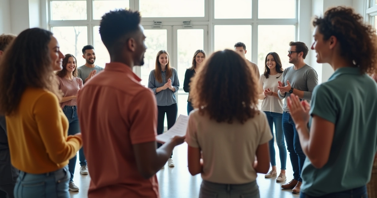 Grupo de personas valorando logros en comunidad en un ambiente colaborativo. 