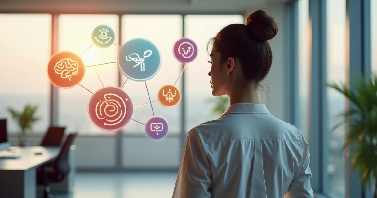 Persona observando cinco iconos que representan factores de valoración humana 