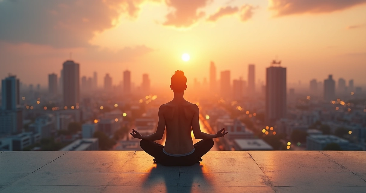 Persona en meditación frente a ciudad al amanecer representando impacto humano consciente 
