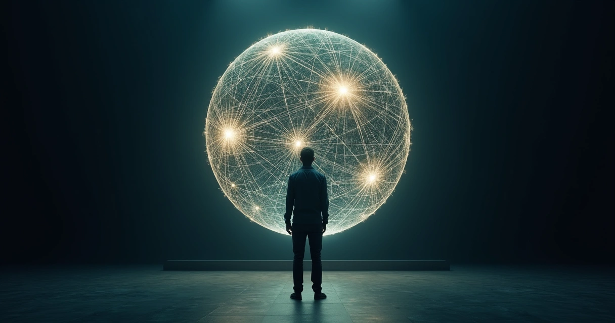 Persona observando conexiones luminosas que representan sistemas humanos interconectados 