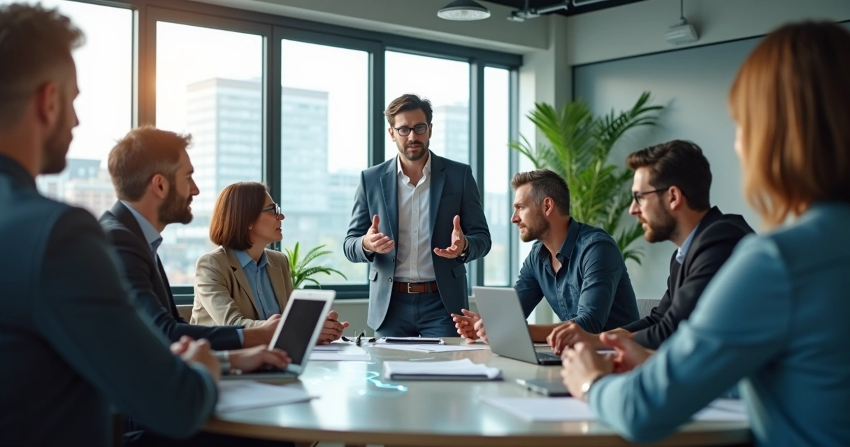 Equipo diverso en oficina moderna conectado por red luminosa simbolizando valoración humana 
