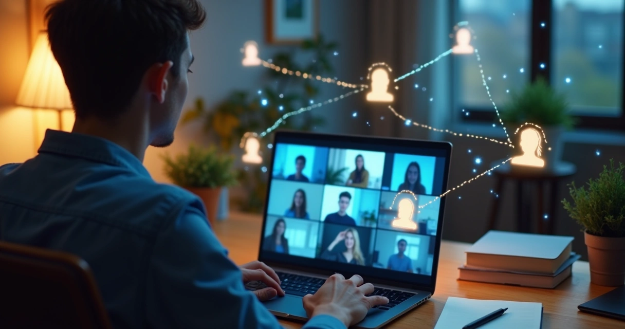 Persona usando computadora rodeada de siluetas digitales conectadas por líneas de luz 