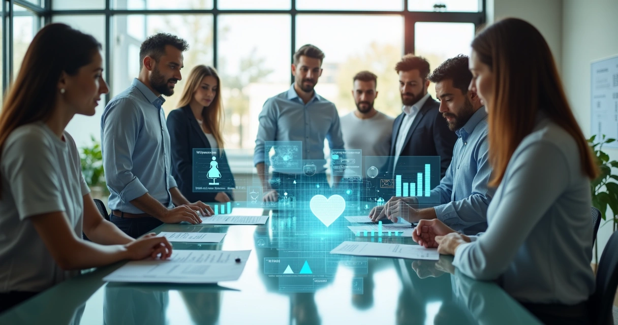 Líder rodeado de personas y gráficos donde el valor humano pesa más que las cifras 