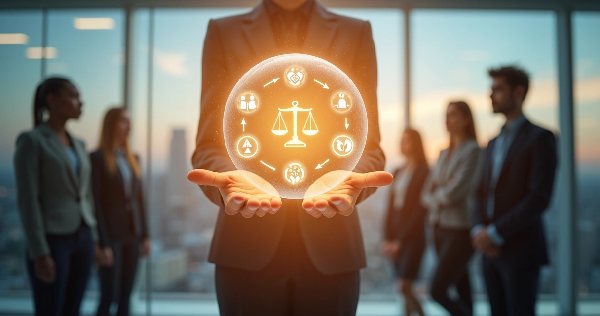 Líder sosteniendo íconos de personas y valores humanos sobre un fondo empresarial 