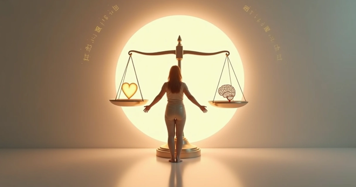 Persona frente a una balanza luminosa integrando mente corazon y responsabilidad 