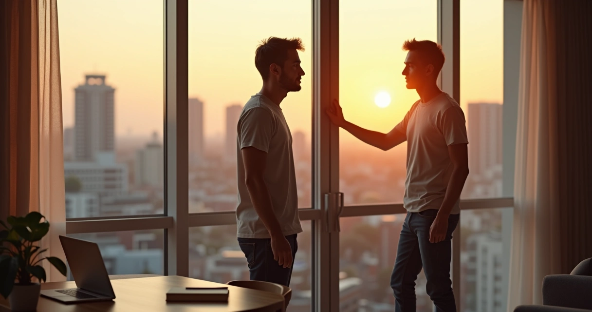 Persona tranquila reflejando su imagen en un vidrio con ciudad de fondo 