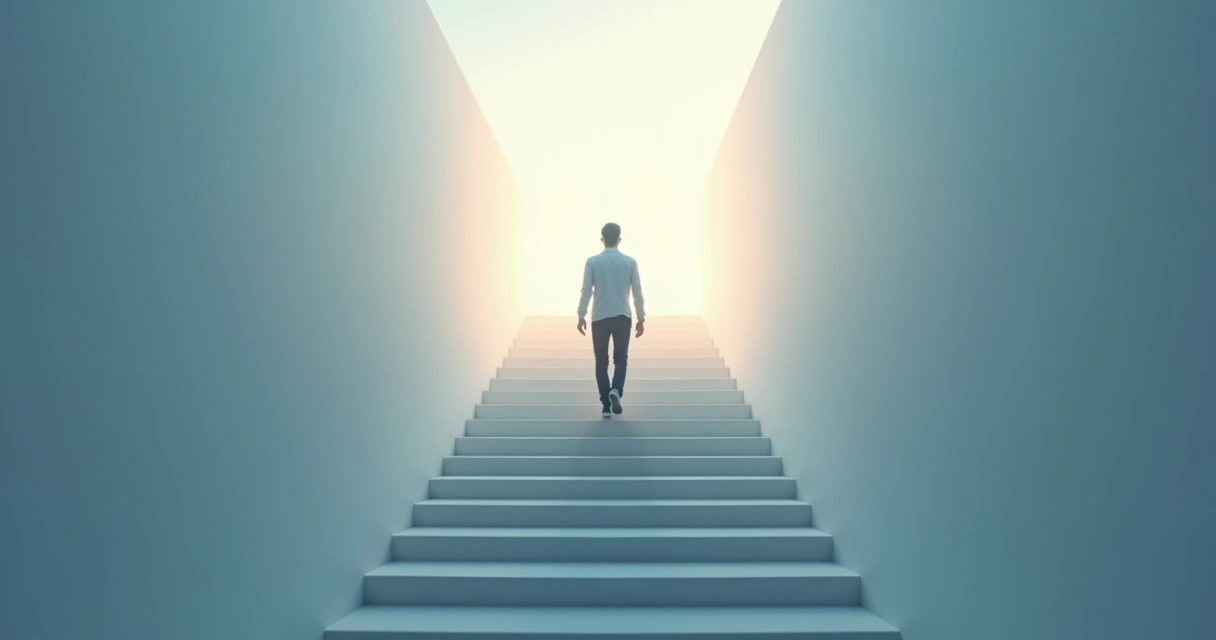 Figura de persona subiendo escalera luminosa con fondo azul suave. 