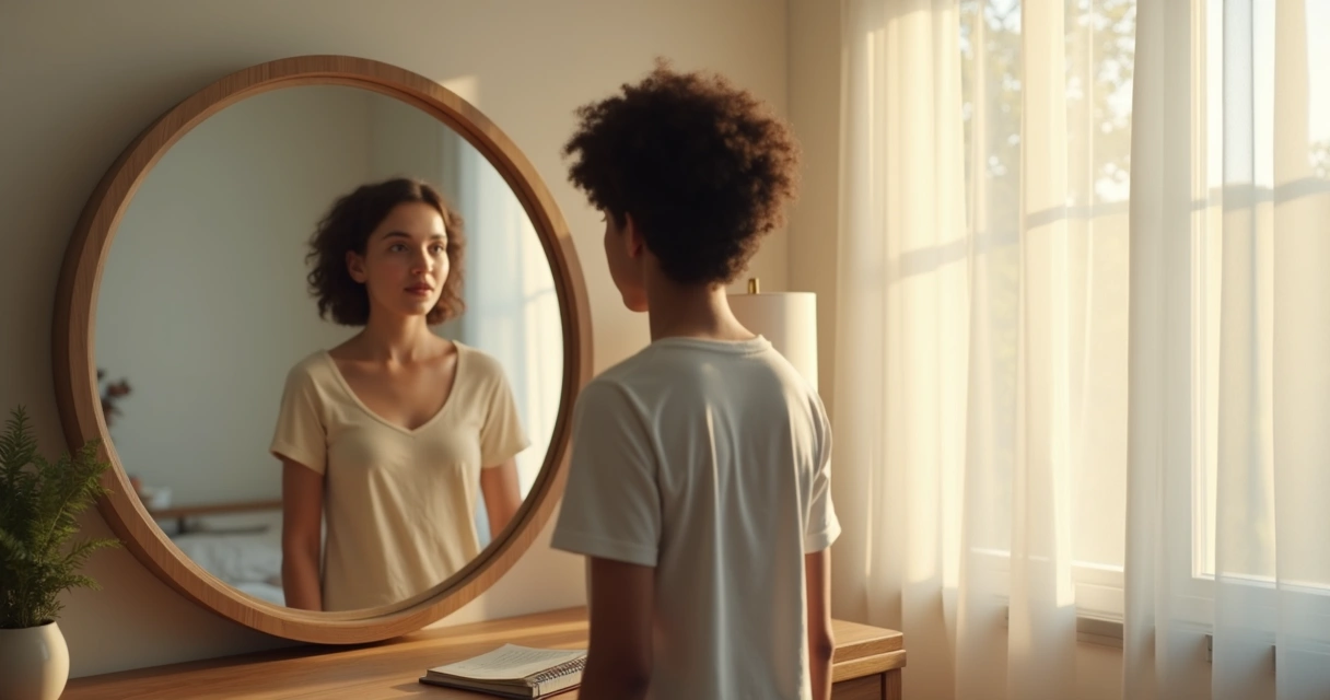 Persona mirando su reflejo en un espejo, expresión serena 