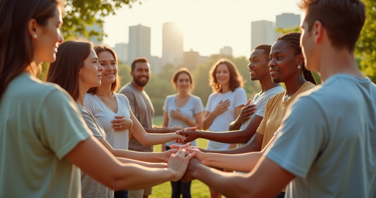 Grupo diverso de personas en círculo conectando las manos en un entorno urbano luminoso 