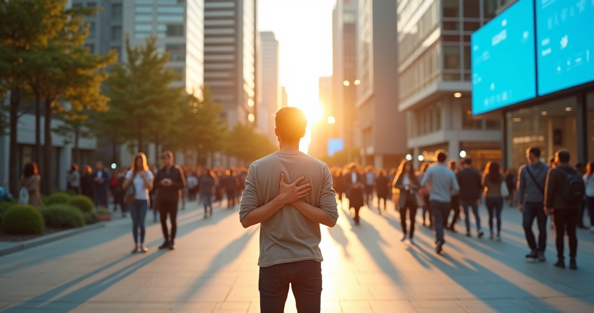 Persona eligiendo entre valoración interna y reconocimiento externo en un entorno urbano moderno 