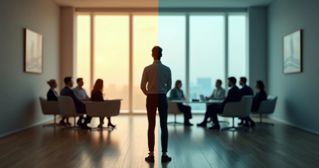 Persona de pie frente a un grupo reflejada en dos mitades de luz y sombra 