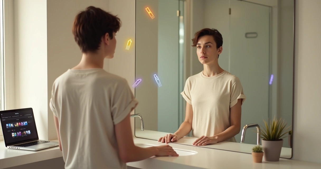 Persona frente al espejo ignorando los iconos de redes sociales en segundo plano 