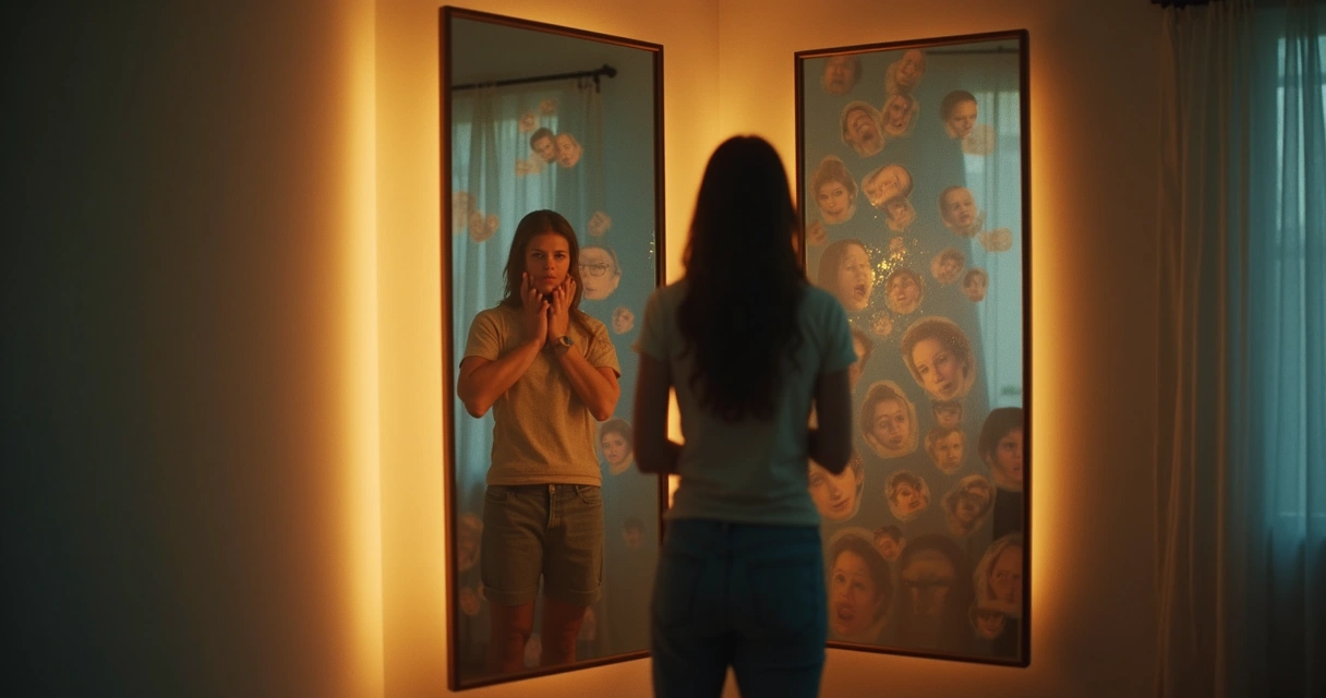 Persona frente a un espejo, con caras distorsionadas como reflejo 