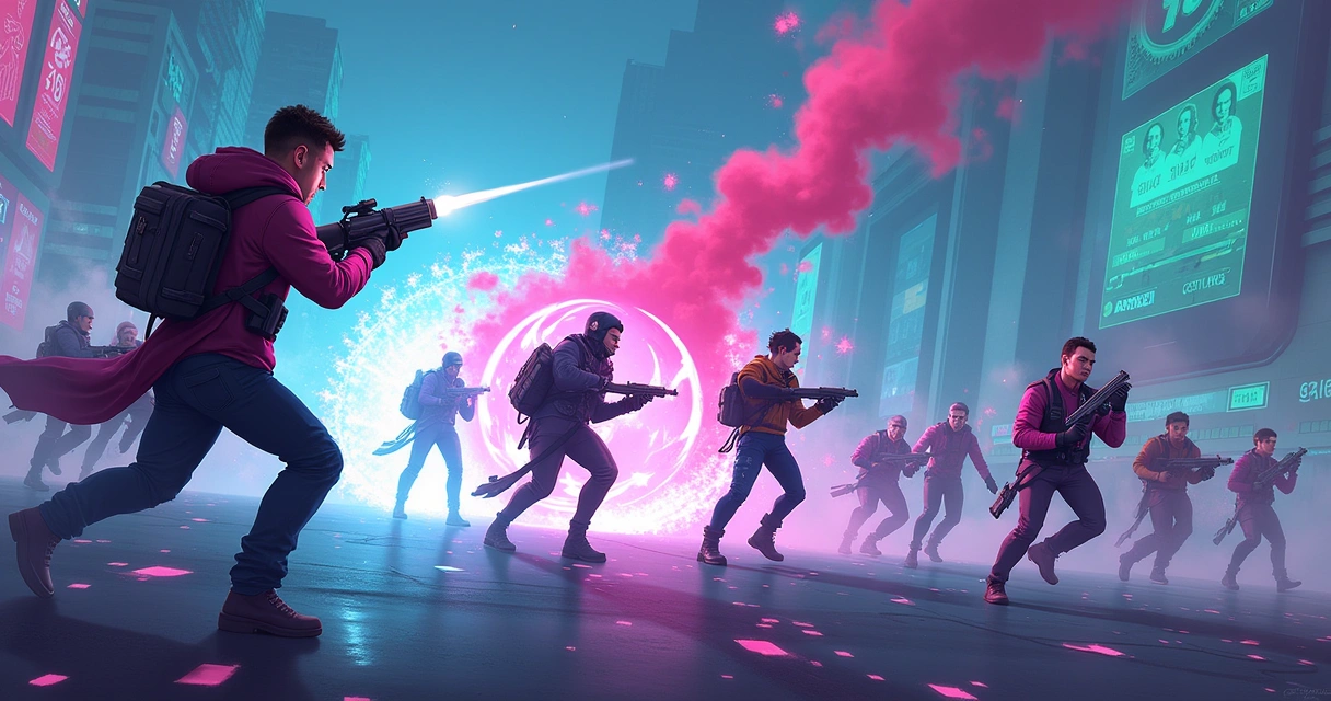 Ilustração de uma partida intensamente dinâmica de Valorant, mostrando a ação dos agentes em combate.