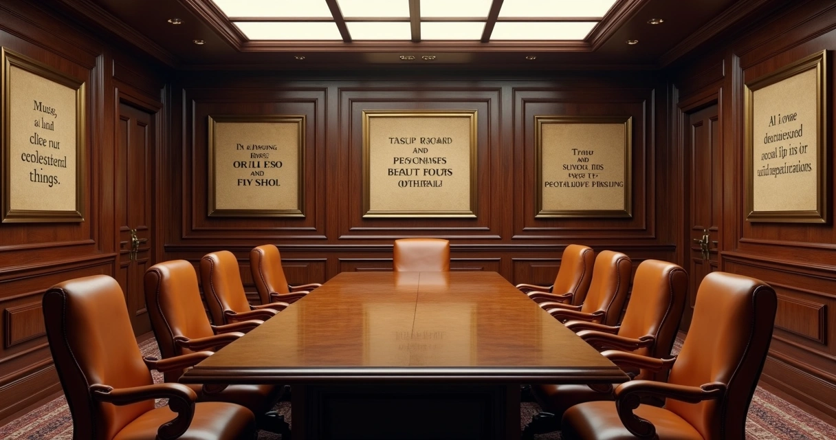 Sala de diretoria com quadros na parede mostrando frases motivacionais antigas 