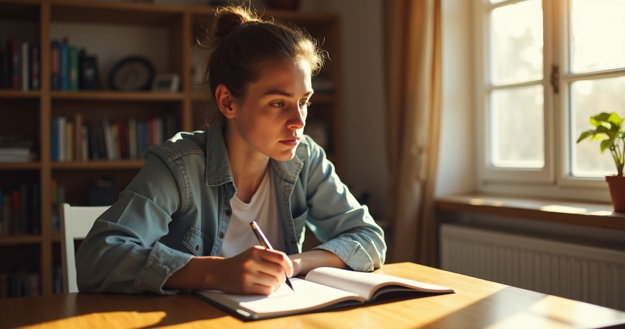 Persona reflexionando mientras toma notas sobre una hoja en blanco, con luz cálida de tarde entrando por la ventana 