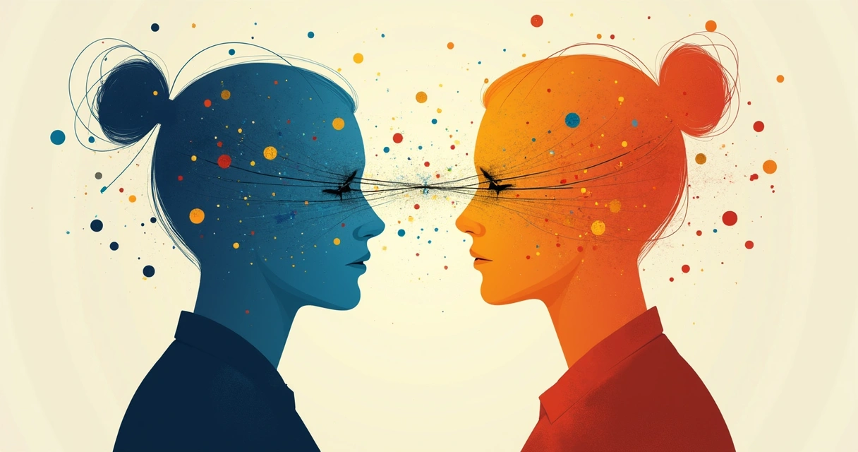 Desenho de duas silhuetas humanas sobrepostas, uma olhando para frente e outra de perfil, com cores contrastantes, indicando conflito interno entre valores