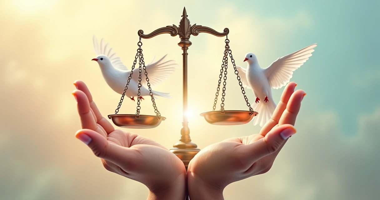 Montagem representando diferentes valores, como justiça e liberdade, ilustrados por mãos e símbolos em equilíbrio 