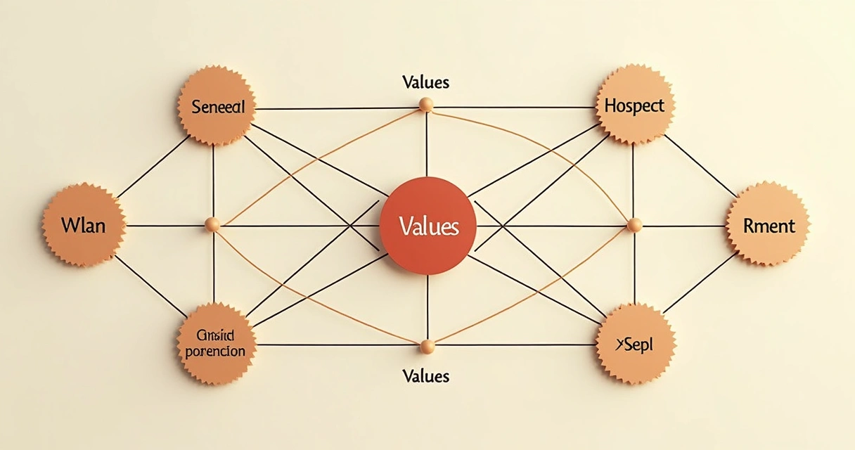 Red de valores, creencias y juicios interconectados visualizada con símbolos éticos y humanos