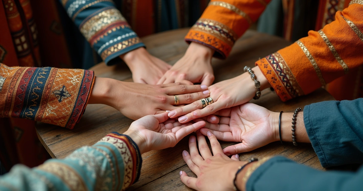 Mãos sobrepostas de diferentes pessoas, cada uma vestindo roupas de diferentes culturas 