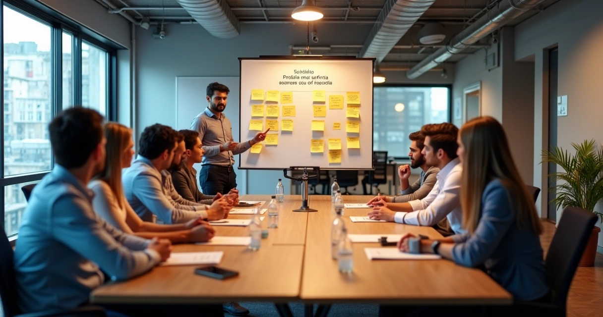 Reunião de equipe em sala de reunião discutindo valores da empresa 