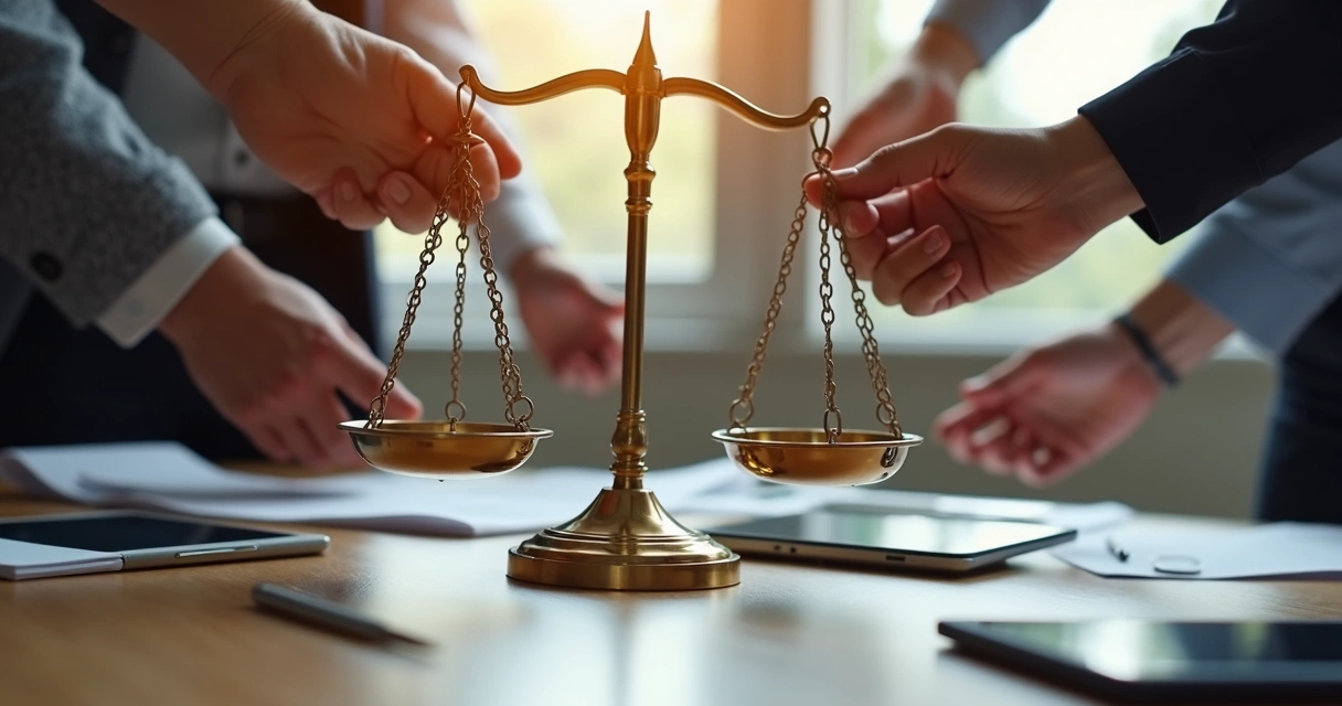 Símbolos de valores éticos representados por manos que sostienen una balanza y una brújula 