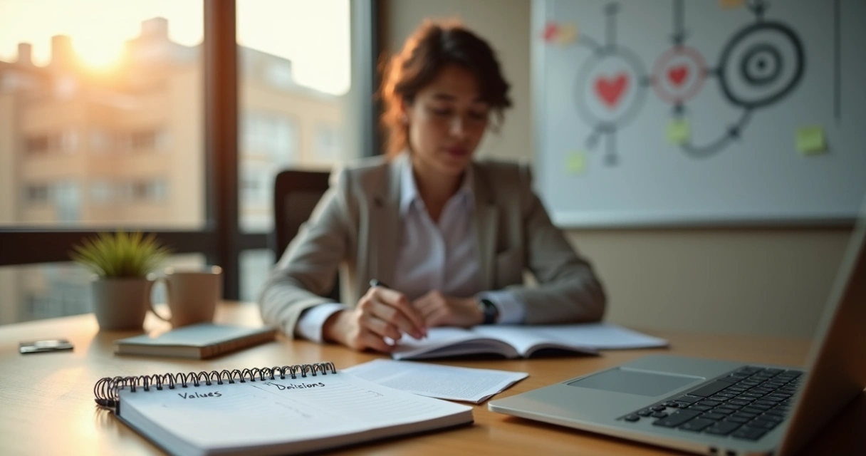 Profissional refletindo sobre decisões alinhadas a valores pessoais no trabalho 