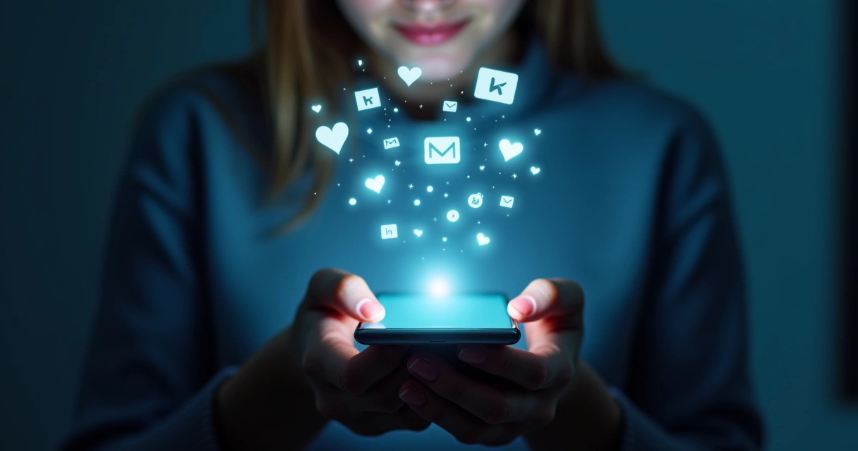 Pessoa usando smartphone em ambiente escuro, tela iluminada mostrando símbolos de redes sociais 