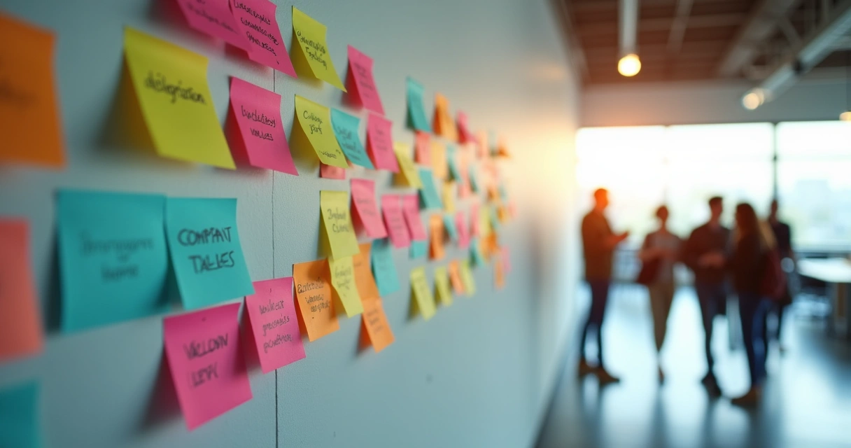 Detalhe de mural de valores organizacionais em ambiente de trabalho moderno