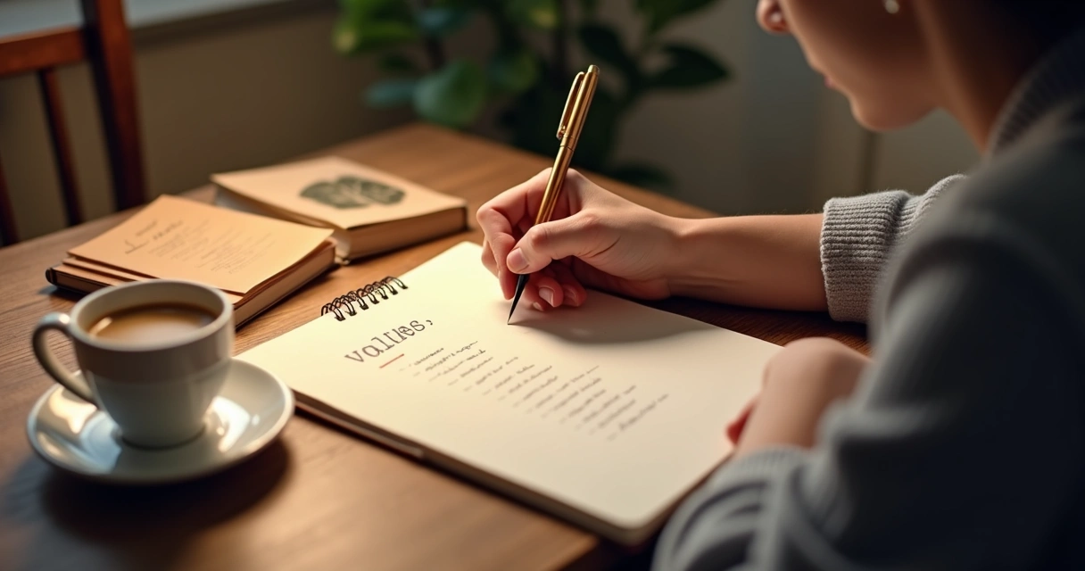 Pessoa escrevendo sua lista de valores em um caderno 