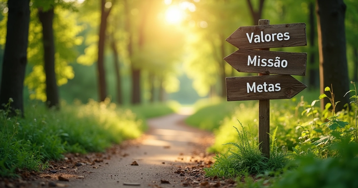 Caminho com placas de valores e metas ao longo da trilha 