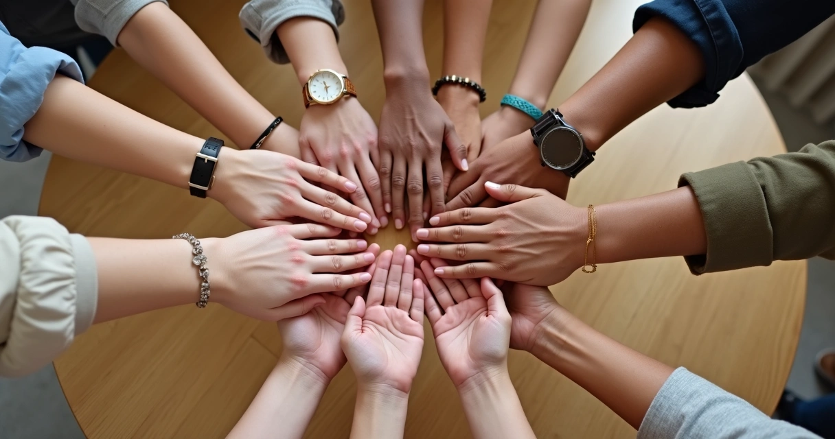 Mãos de várias pessoas unidas no centro de uma mesa, transmitindo conexão 