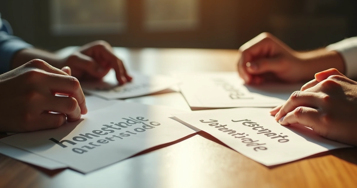 Mesa com duas mãos apoiadas e papéis com palavras representando valores 