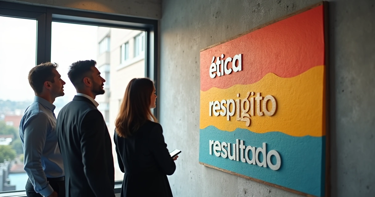 Mural de valores em empresa com destaque para ética, equipe observando, ambiente moderno 
