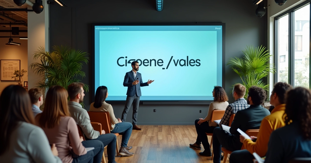 Apresentação de onboarding mostrando os valores da empresa em painel digital, com equipe reunida 