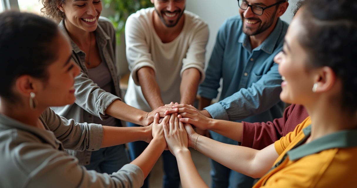 Equipe multicultural de pessoas reunidas sorrindo em roda, com as mãos unidas no centro 
