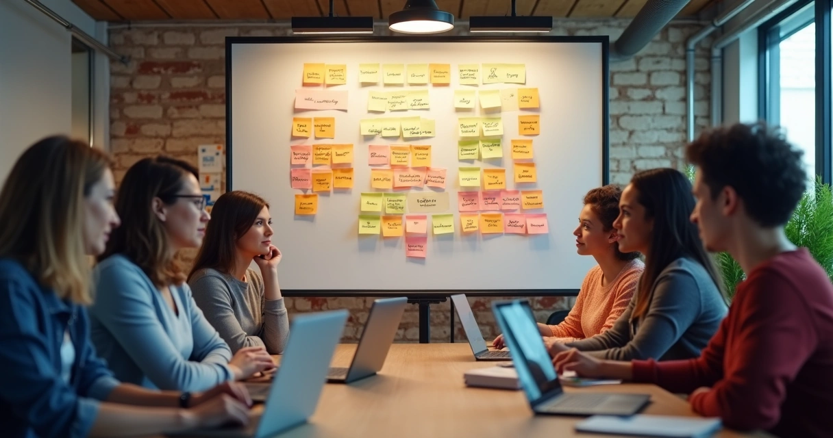 Membros de equipe olhando para quadro com valores do time