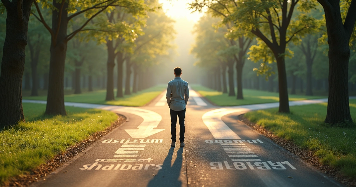 Pessoa escolhendo caminho em encruzilhada de carreira ligada a valores pessoais 