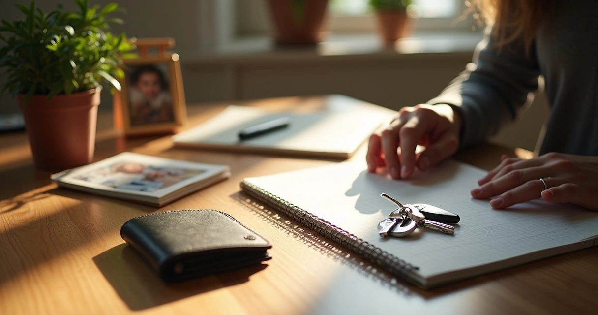 Pessoa considerando diferentes opções em uma mesa, com objetos simbolizando escolhas diárias ao redor 