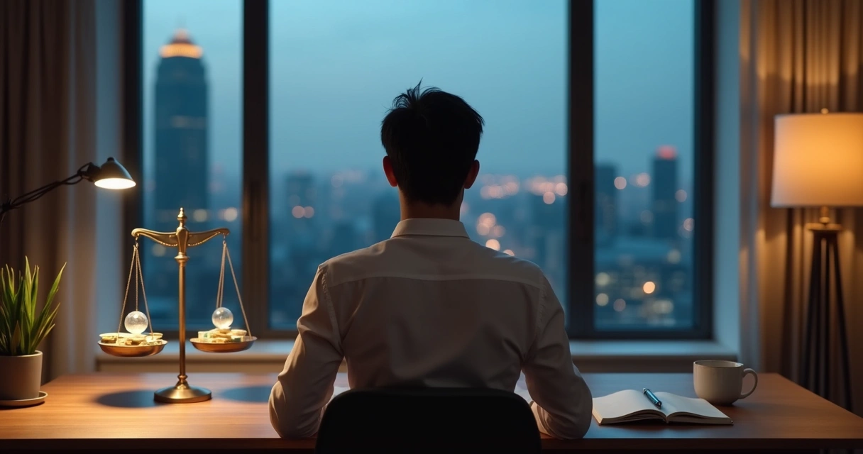 Pessoa observando balança com nota de dinheiro e símbolo espiritual em equilíbrio 