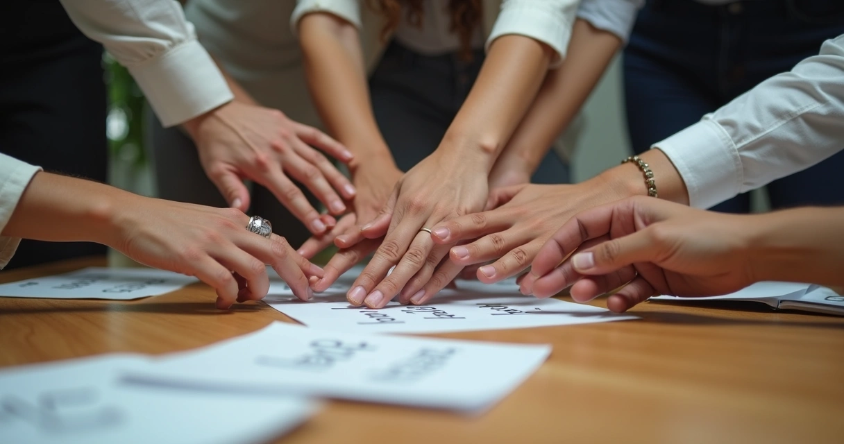 Mãos unidas formando círculo sobre mesa com papéis de valores e ética 