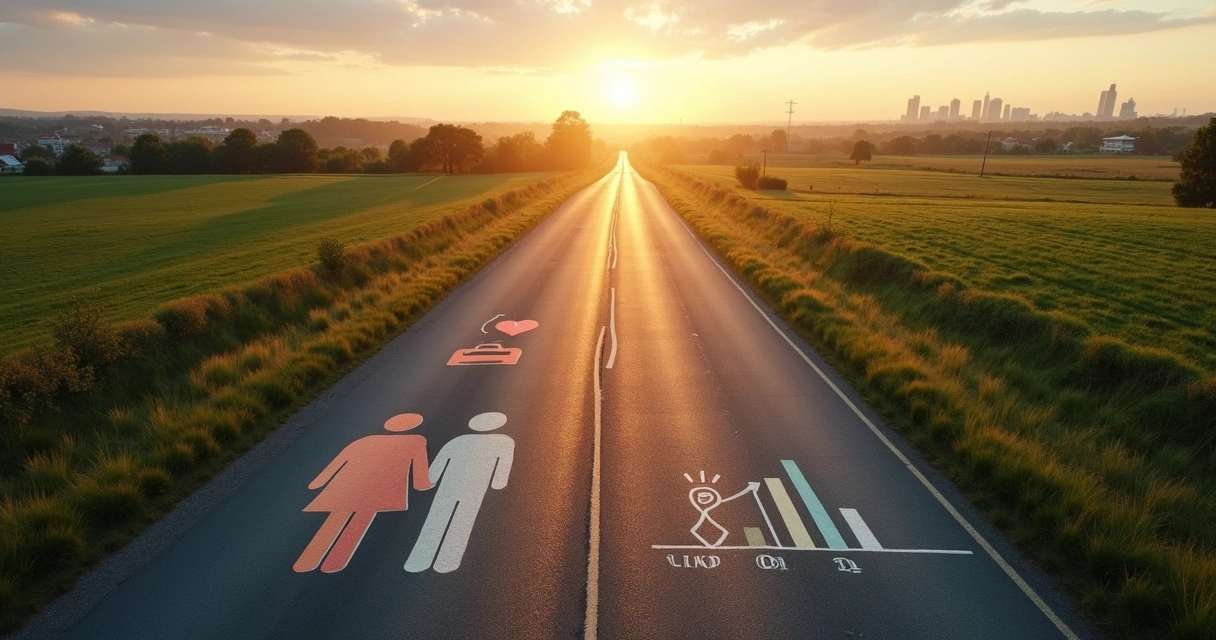 Dois caminhos se encontram formando estrada única com símbolos de família e trabalho 