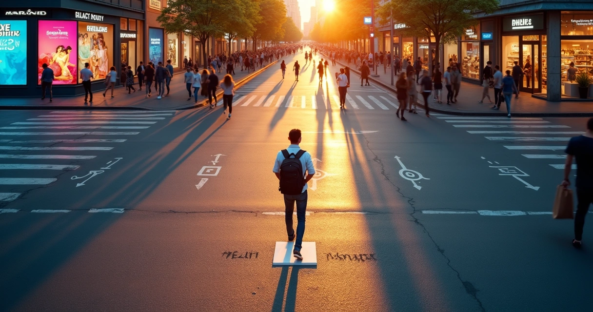 Pessoa caminhando em cidade dividida entre consumismo e escolhas conscientes 