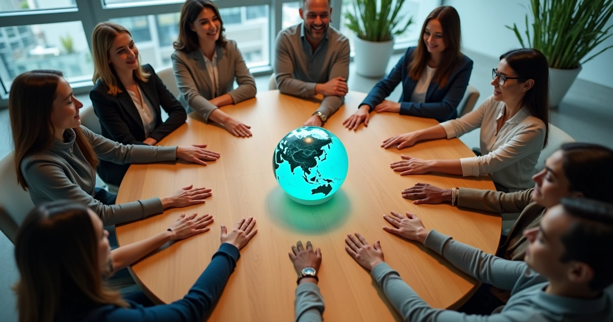 Grupo diverso em círculo conectando mãos sobre um planeta iluminado no centro de uma mesa 