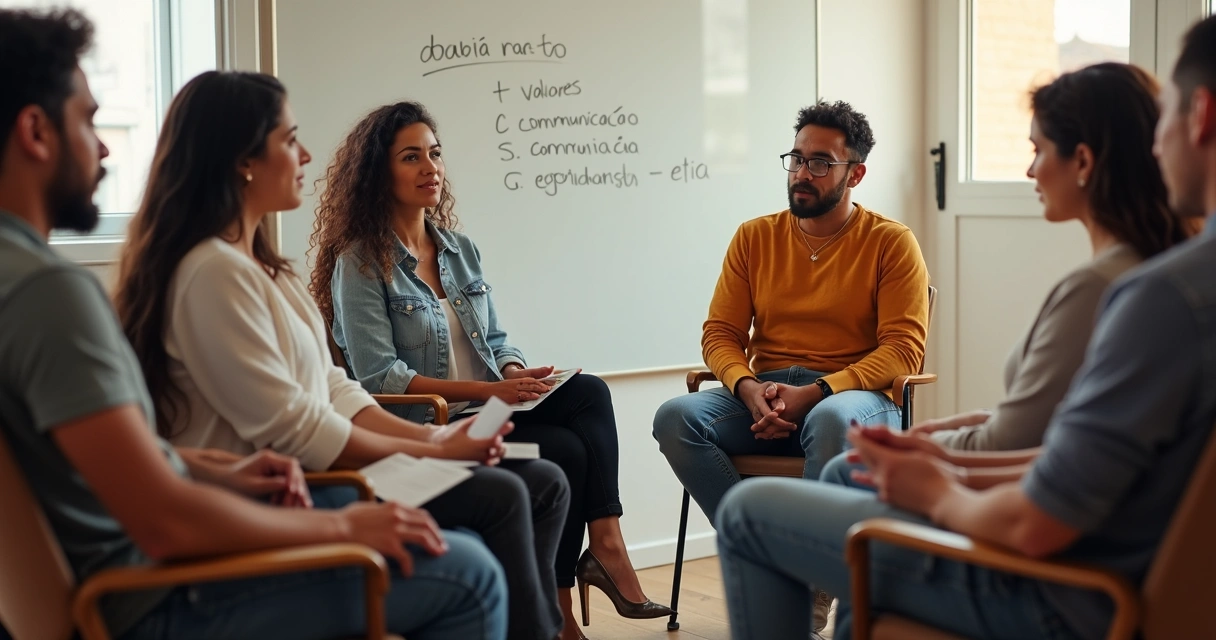 Grupo de pessoas sentadas em círculo discutindo valores humanos
