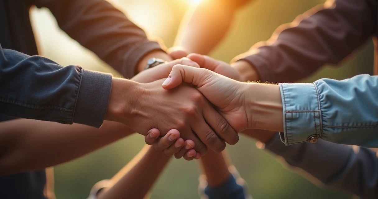 Grupo de manos unidas en el centro con luz cálida
