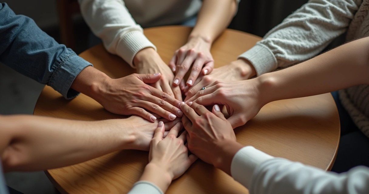 Mãos de pessoas diversas entrelaçadas no centro de uma mesa circular 