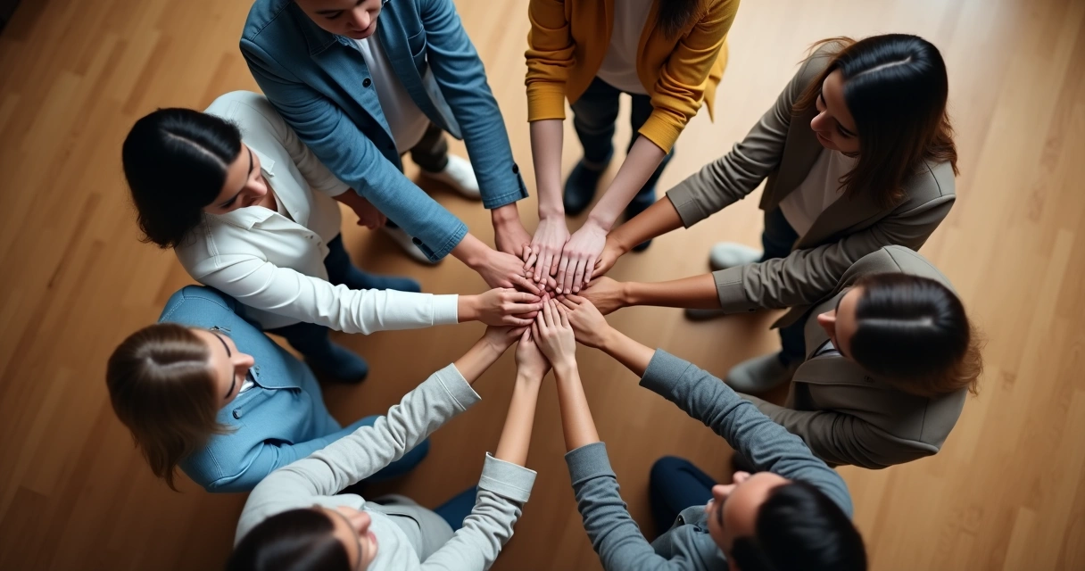 Colaboradores de mãos dadas formando um círculo visto de cima 