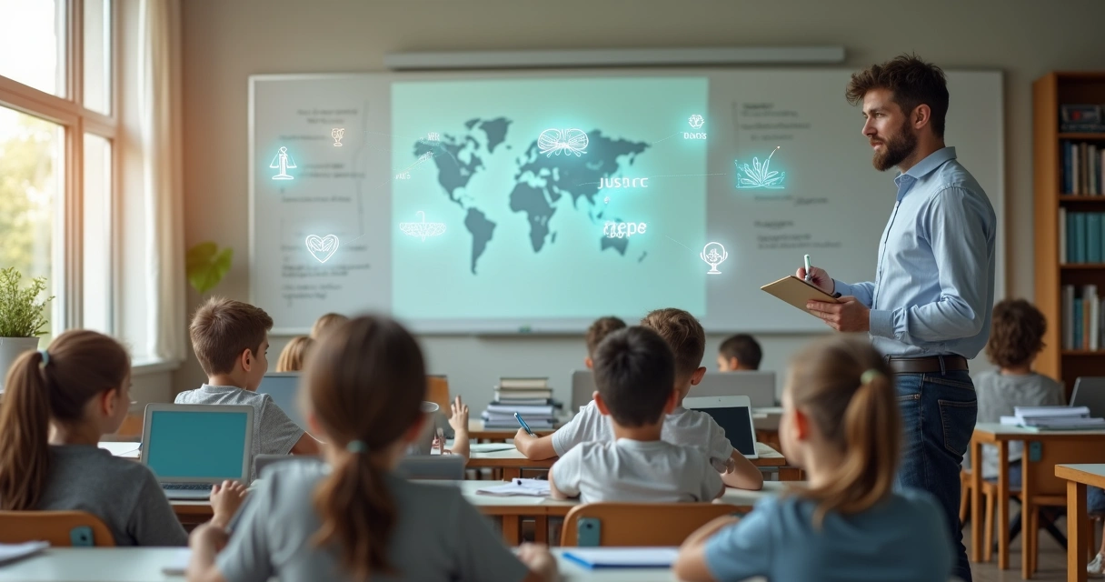 Docente observando aula con capas de símbolos de valores invisibles sobre los estudiantes 