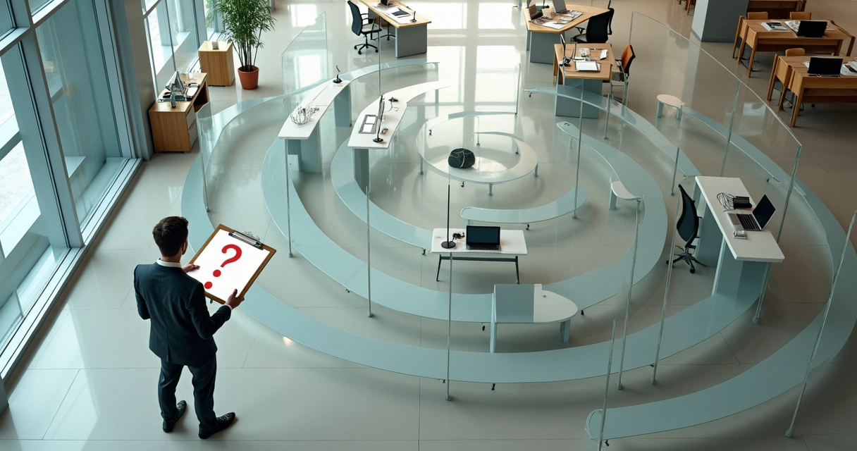 Laberinto en planta de oficina visto desde arriba representando valores ocultos de una empresa 